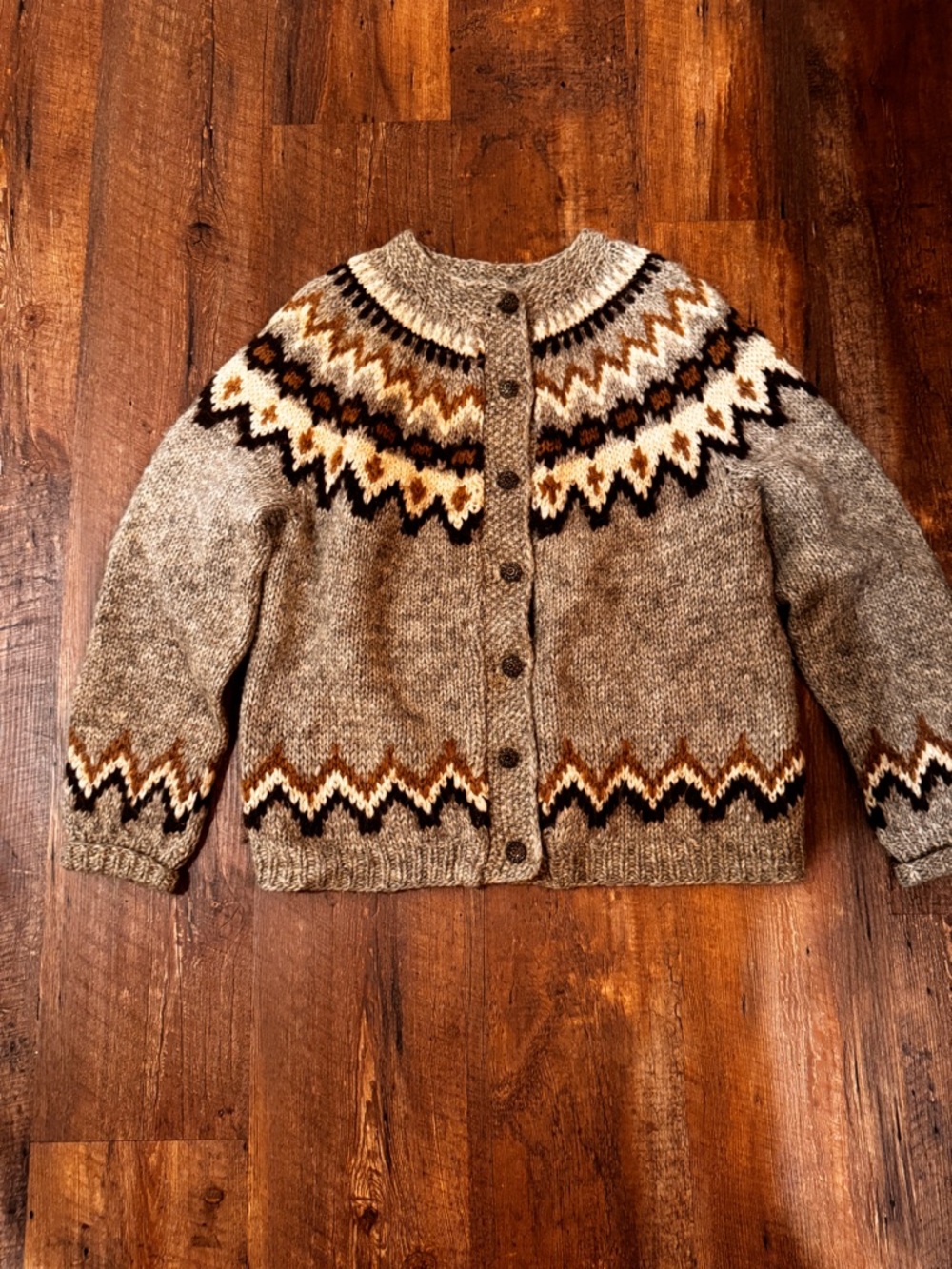 Icelandic Handknit Fair Isle Wool Cardigan - Gray, Brown, Cream, Black